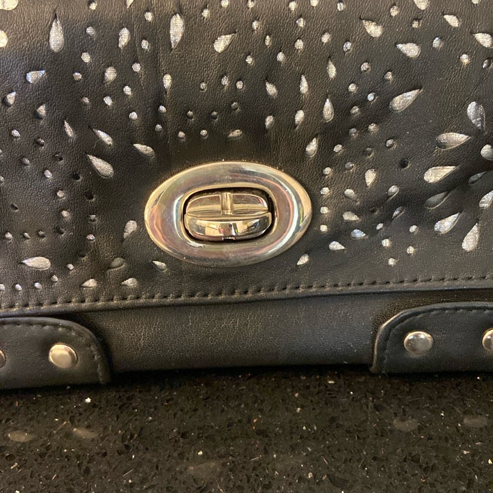 Black Pierced Leather Wallet Clutch with Silver Underlay & Hardware - Picture 3 of 12